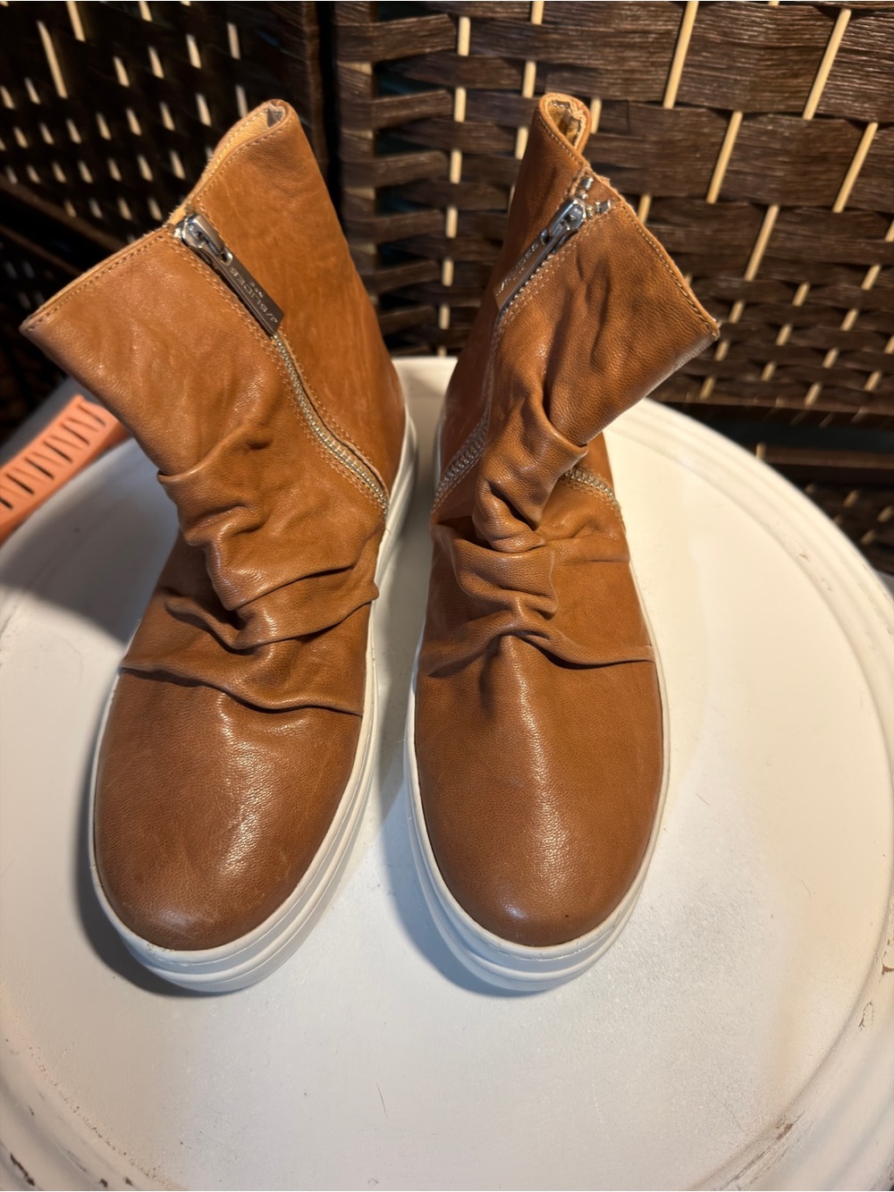Tan Leather Zip-Front Slip-On Sneakers